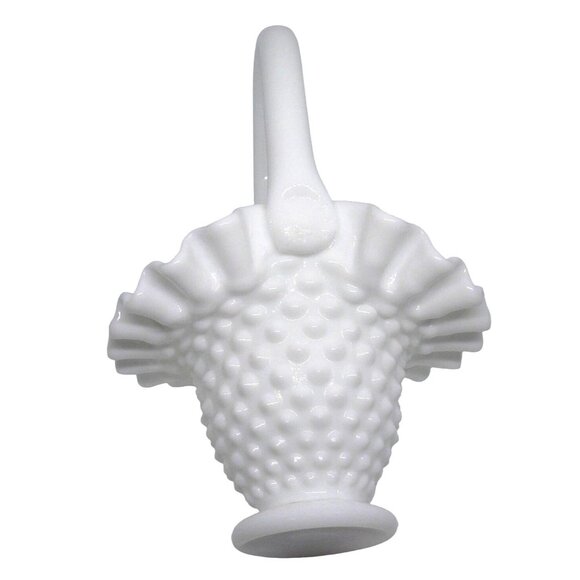 Vintage Fenton White Milk Glass Hobnail Basket with Ruffled Edge and Handle - Picture 2 of 5